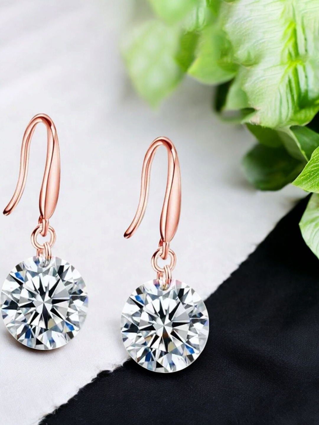 

Nilu's Collection Rose Gold-Plated Cubic Zirconia Studded Contemporary Drop Earrings