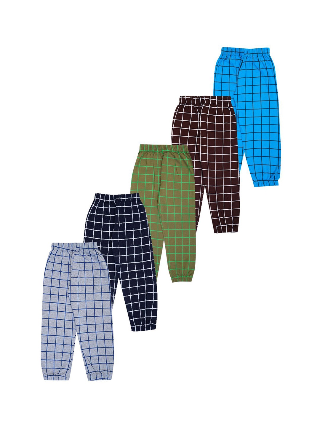 

FAZZA Boys Pack Of 5 Checked Pure Cotton Mid-Rise Joggers, Grey
