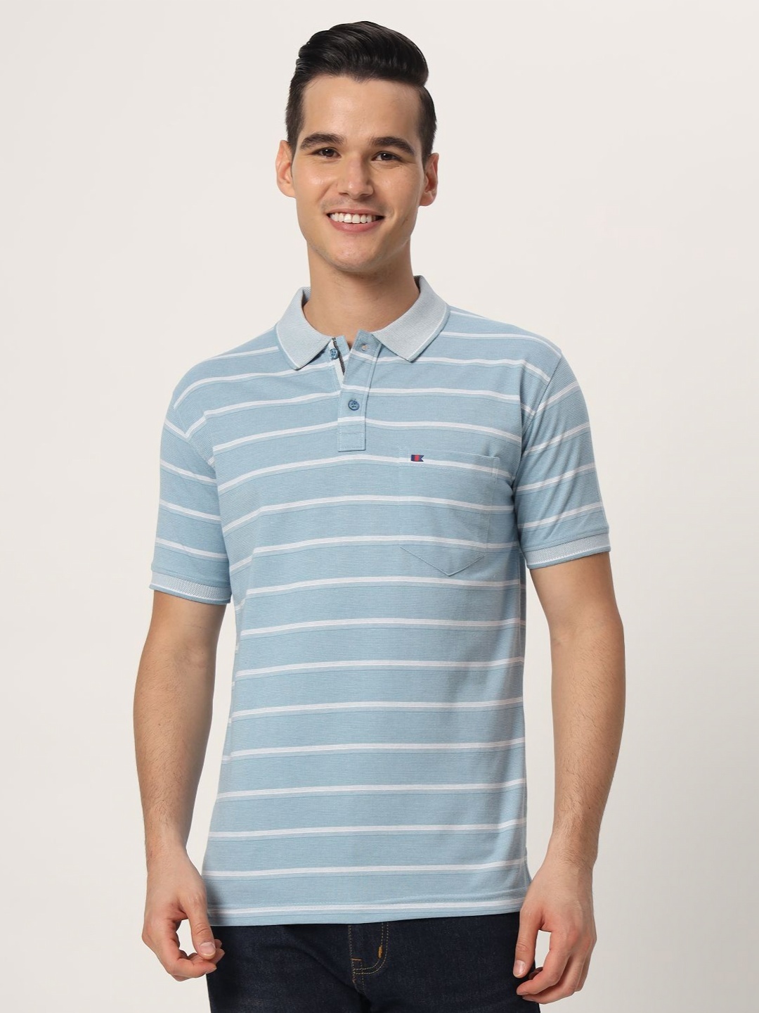 

TAB91 Men Striped Polo Collar Cotton T-shirt, Green