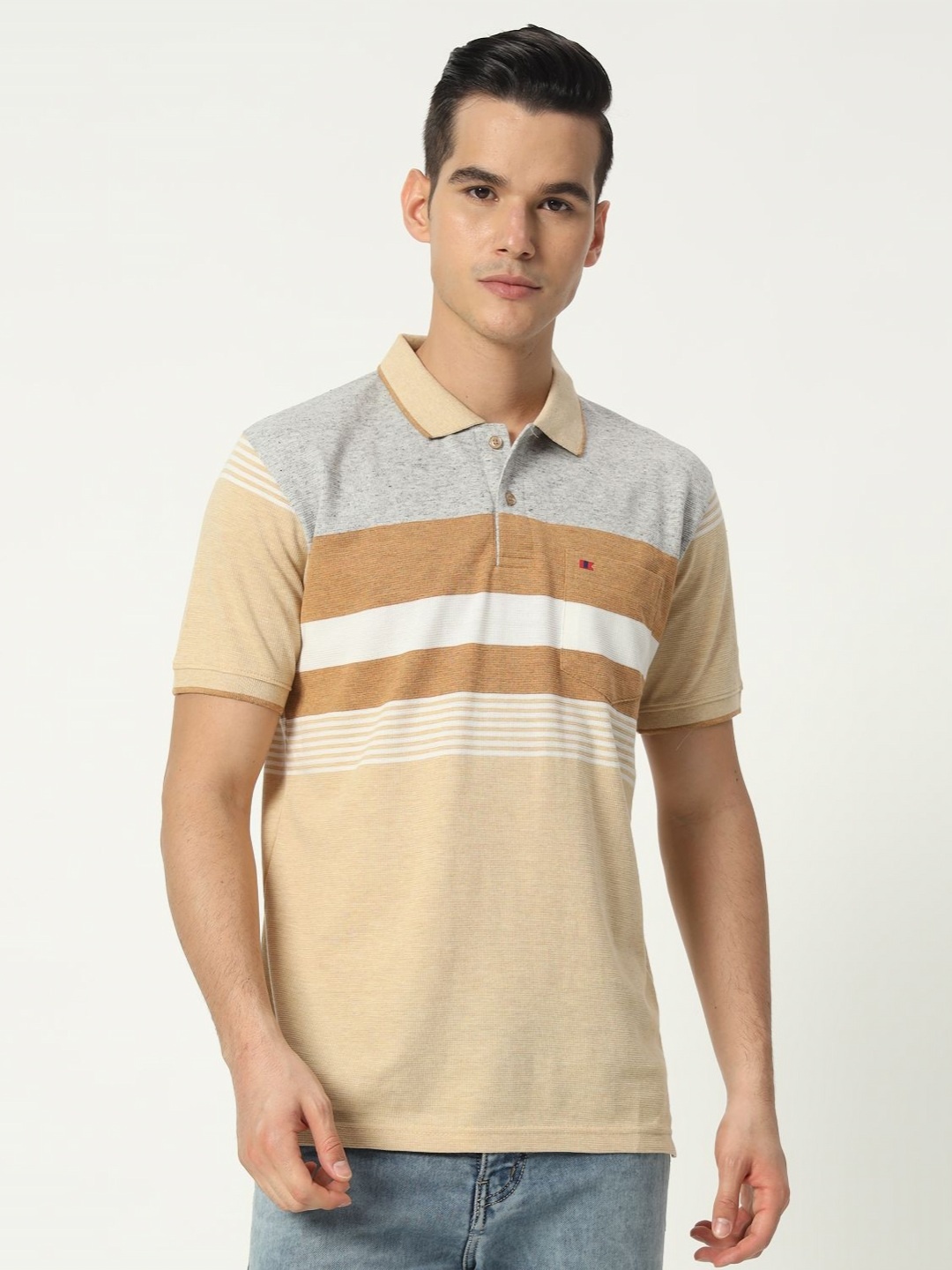 

TAB91 Men Striped Polo Collar Cotton T-shirt, Beige
