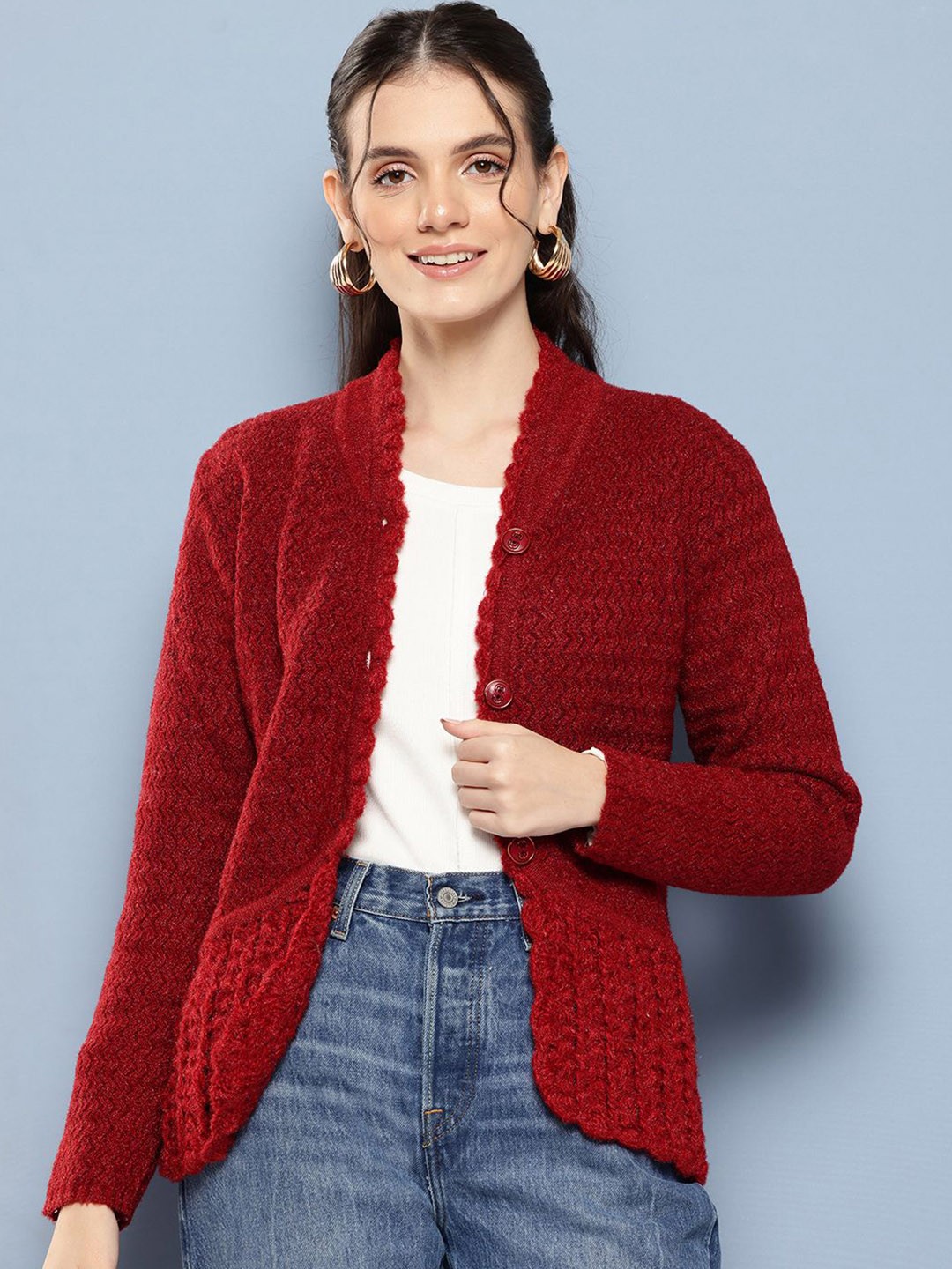

BAESD Women Self Design Long Sleeves Woollen, Maroon