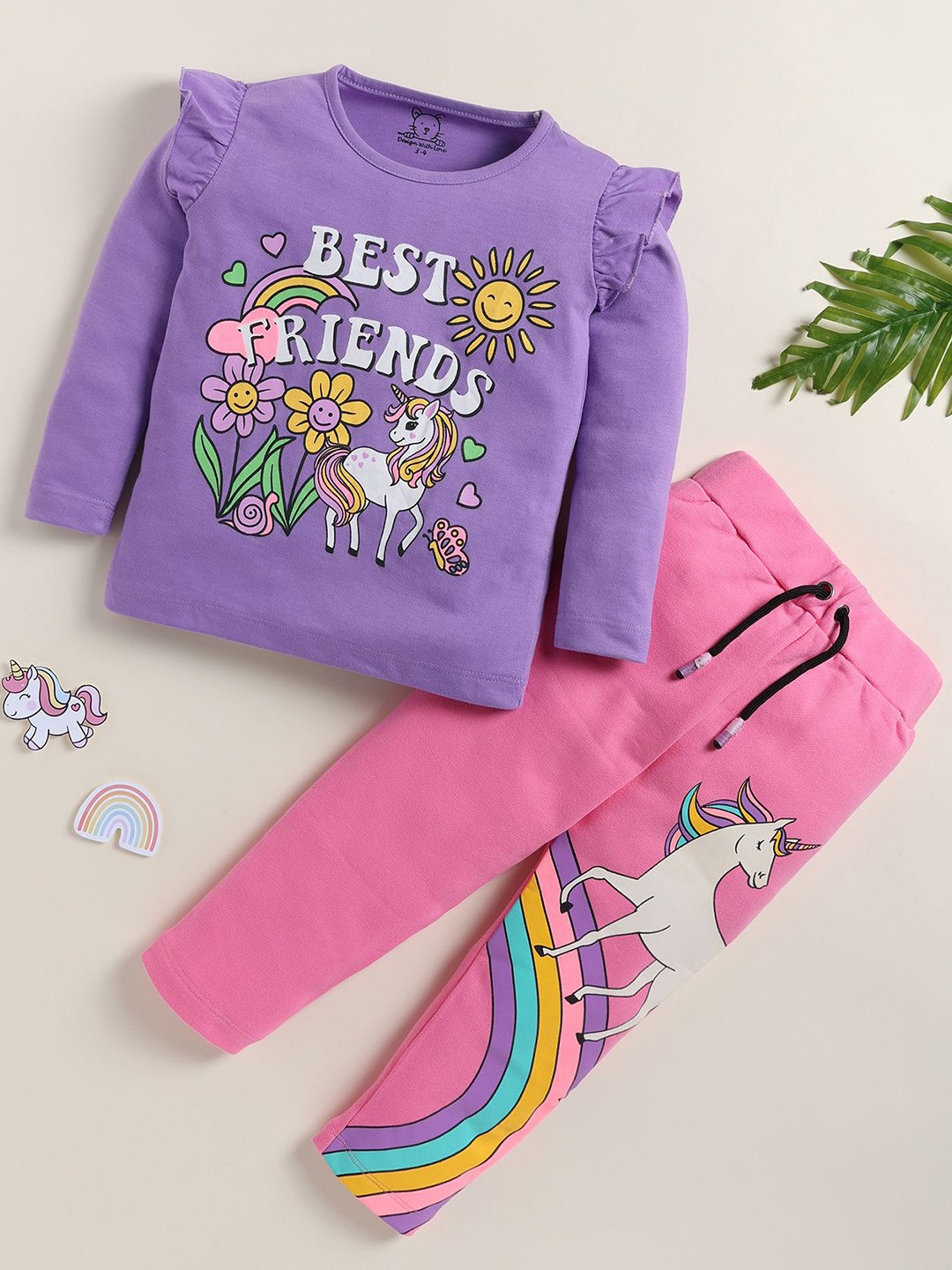 

YK Horse & Floral Printed Long Sleeve Night Suit, Purple
