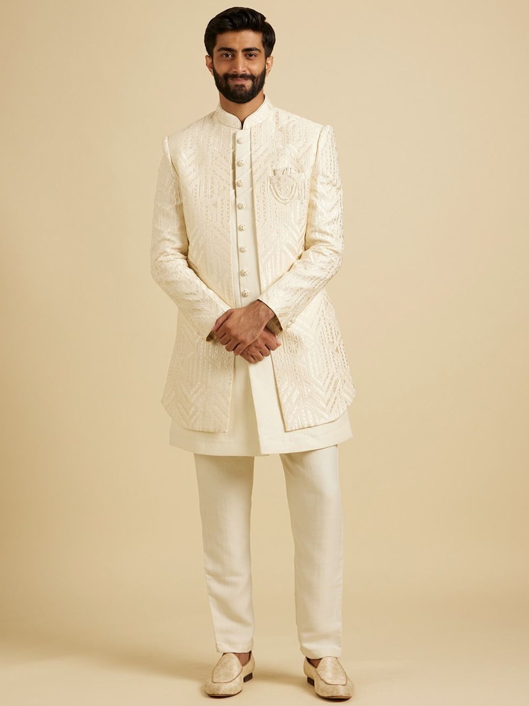 

Manyavar Men Hand Embroidered Mandarin Collar Sherwani Set, Cream