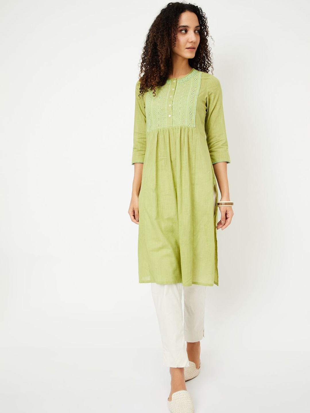 

max Round Neck Three-Quarter Sleeves Pleated Patch Work A-Line Kurta, Green