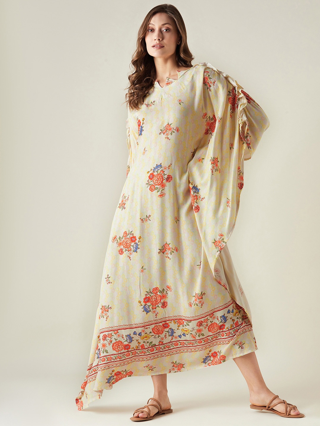 

The Kaftan Company Women Printed Kaftan Maxi Nightdress, Beige