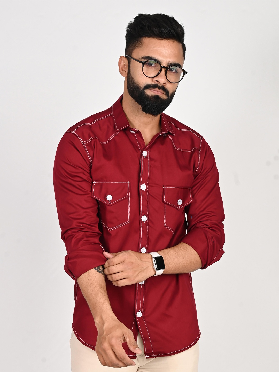 

Tanip Men Spread Collar Solid Cotton Casual Shirt, Maroon