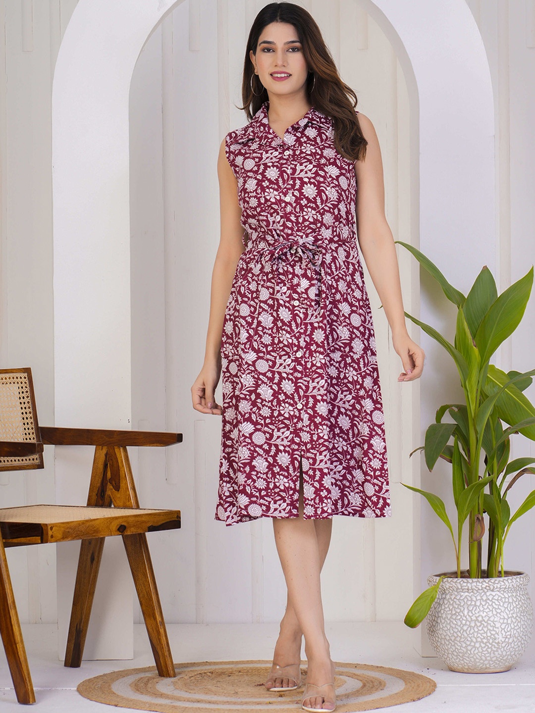

KALINI Floral Printed Shirt Collar Sleeveless Ethnic Dress, Maroon