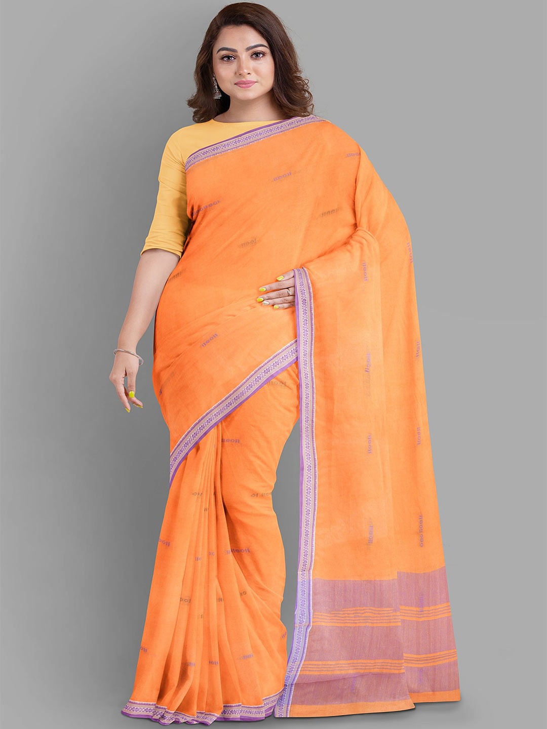 

The Chennai Silks Floral Pure Cotton Fusion Muga Saree, Orange