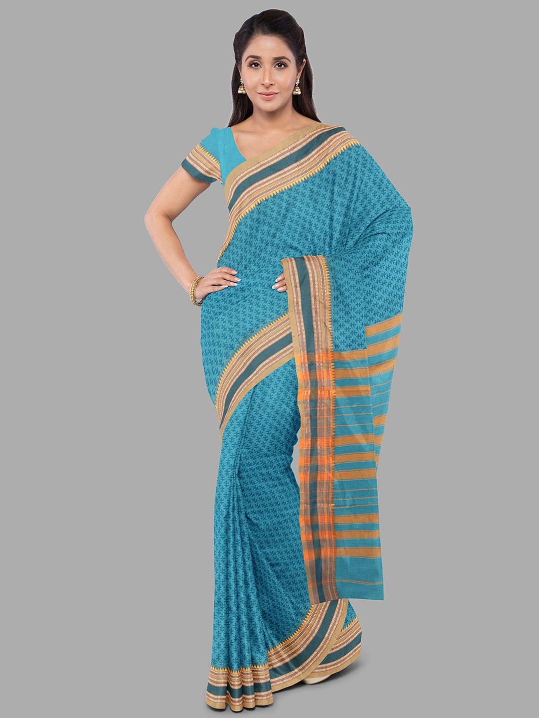 

The Chennai Silks Floral Printed Pure Cotton Muga Saree, Blue