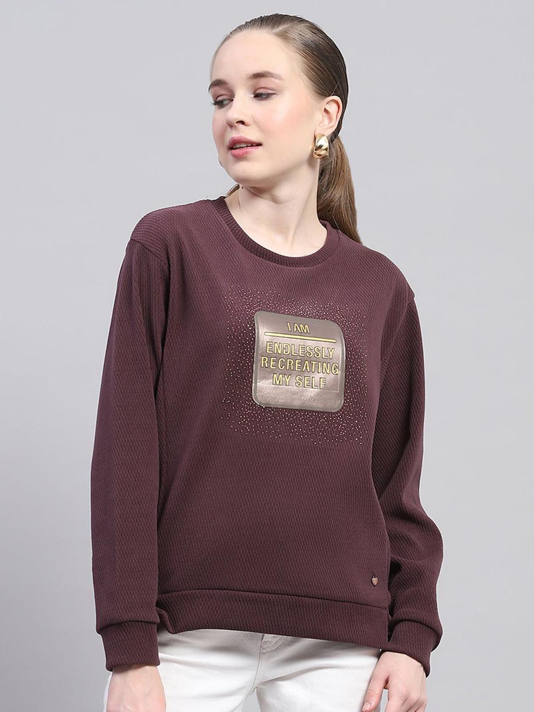 

Monte Carlo Women Typography Printed Round Neck Sweatshirt, Maroon