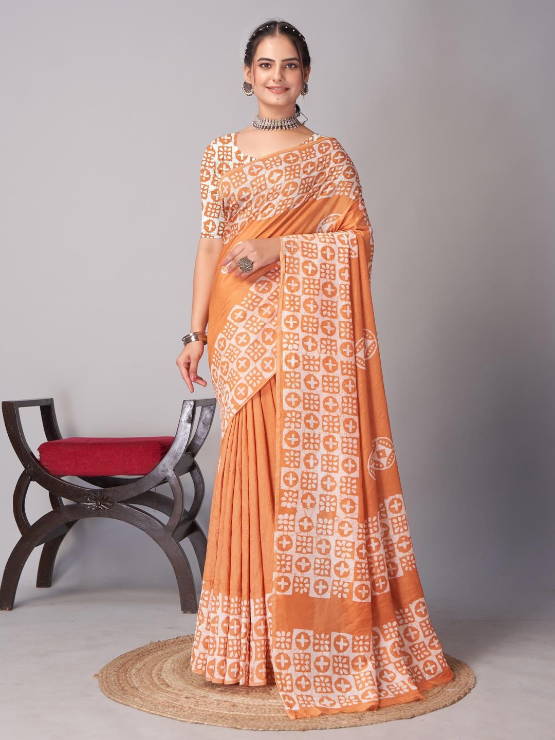 

Kalista Ethnic Motifs Printed Chanderi Saree, Orange