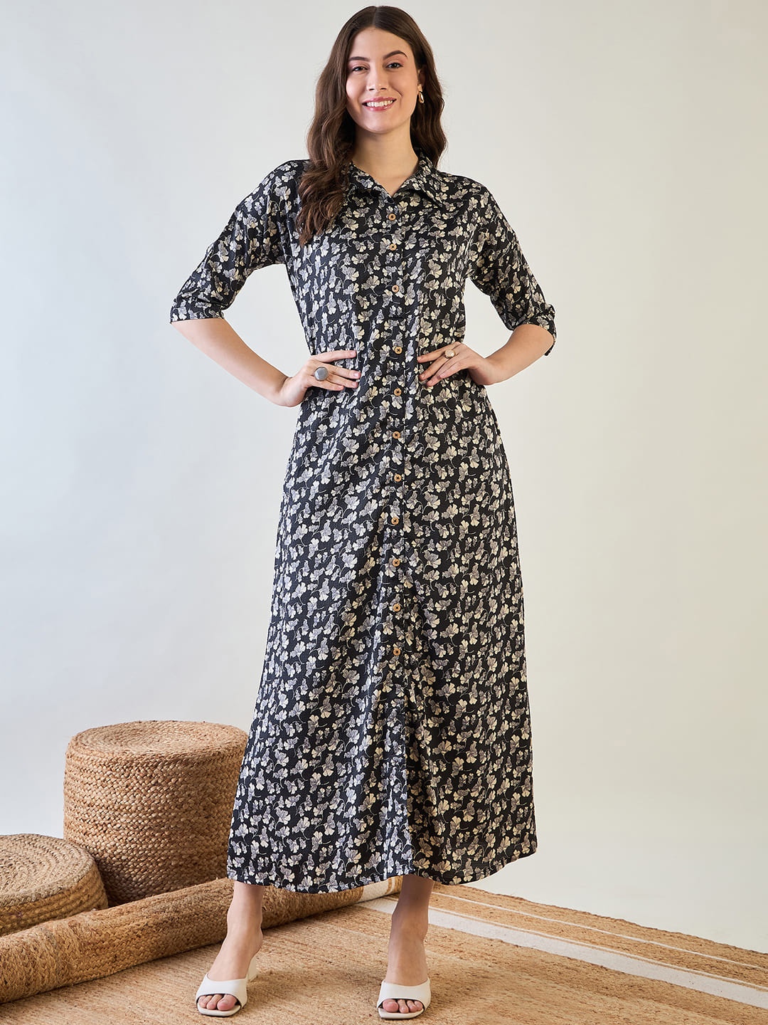 

The Kaftan Company Floral Printed Shirt Collar Shirt Midi Dress, Black