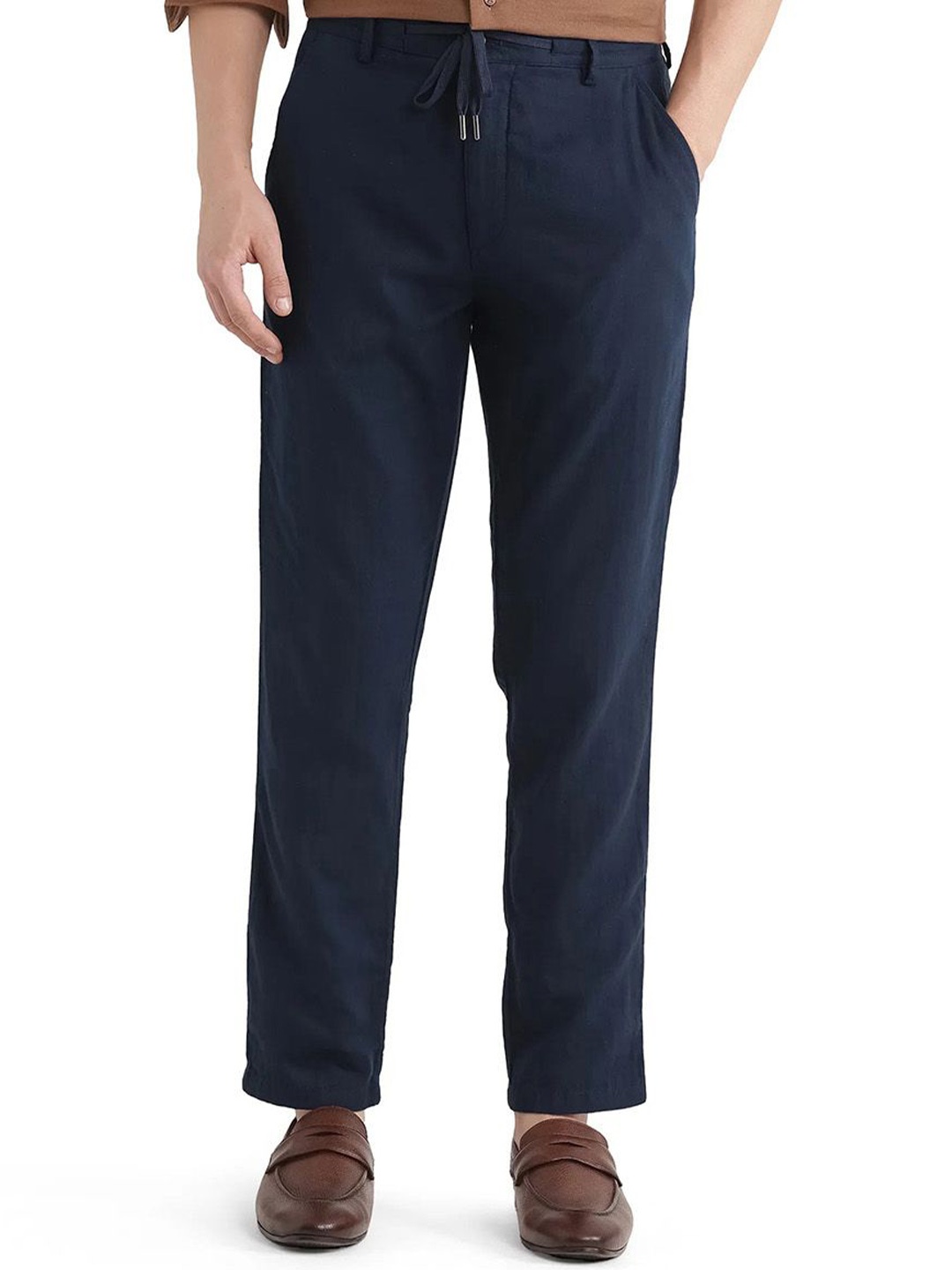 

RARE RABBIT Men Cotton Mid-Rise Tailored Trousers, Navy blue