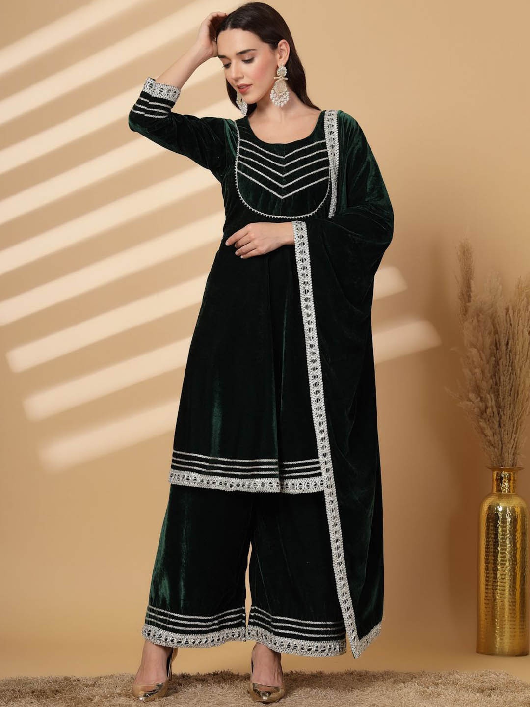 

Clora Creation Yoke Design Pleated Gotta Patti Velvet Kurta with Palazzos & Dupatta, Green