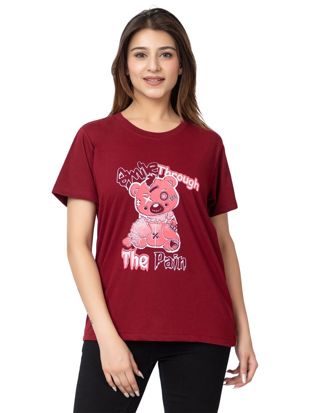 

HILFIRE REGION Women Graphic Printed Round Neck Cotton T-shirt, Maroon