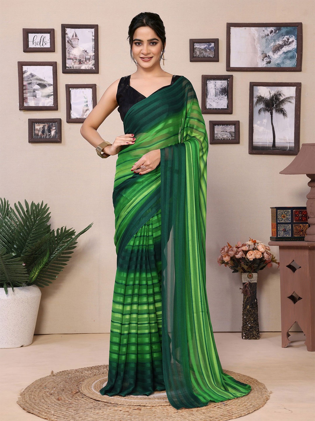 

LeeliPeeri Designer Striped Pure Georgette Ready to Wear Saree, Green