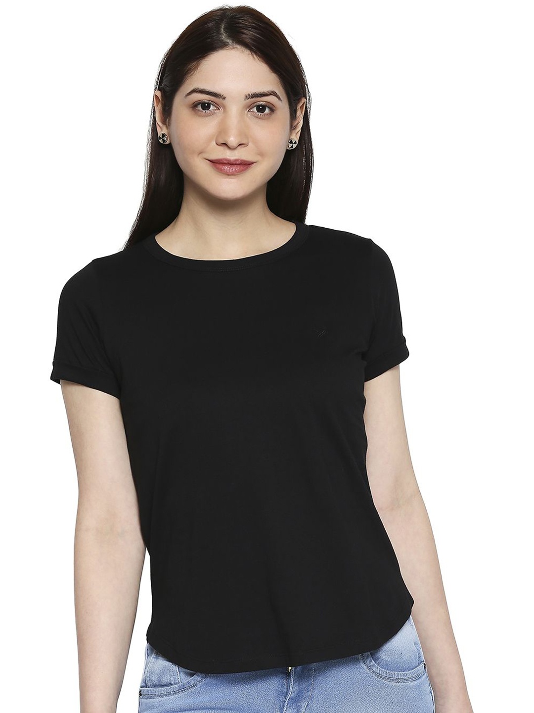 

AMMARZO Women Solid Round Neck Cotton T-shirt, Black