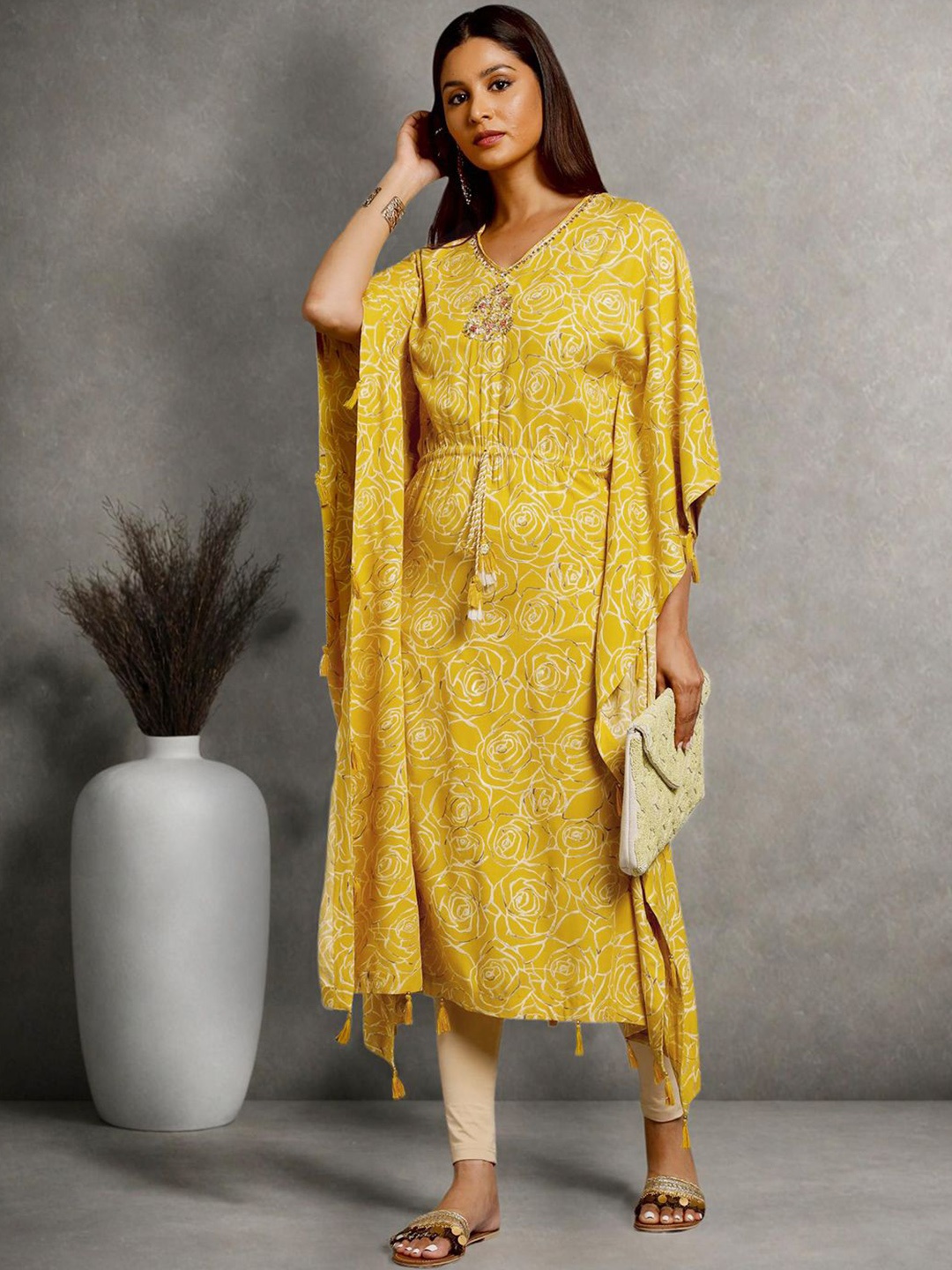 

HERE&NOW Floral Embroidered Bell Sleeves Kaftan Kurta, Yellow