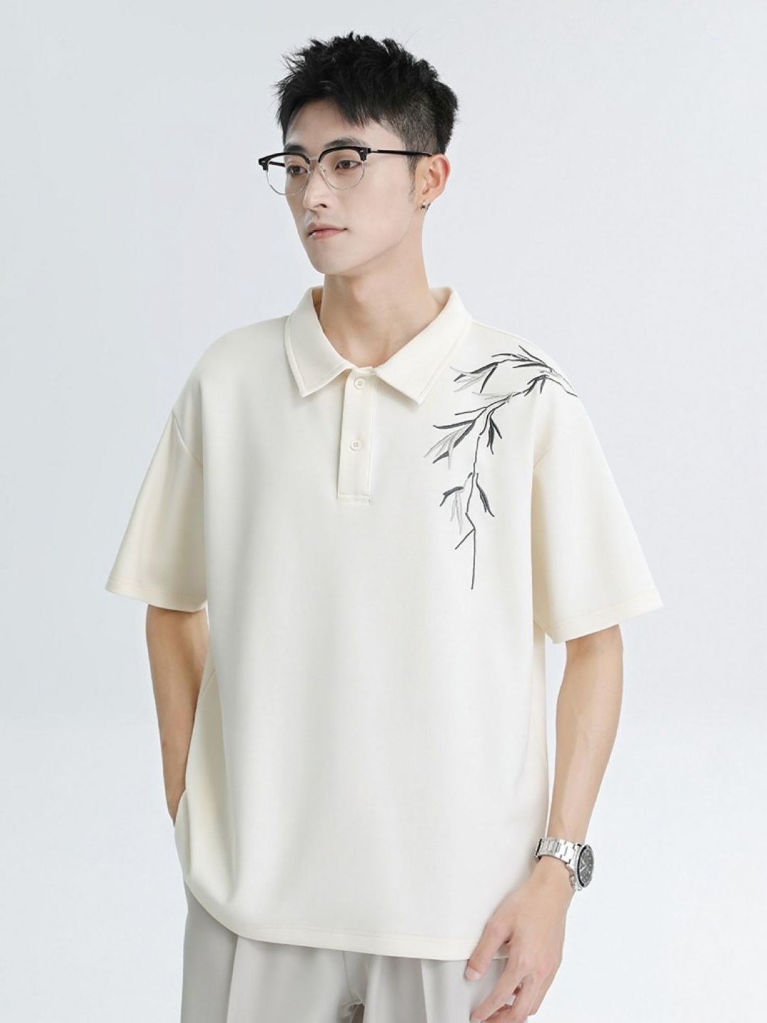 

HERE&NOW Men Floral Printed Polo Collar Oversized T-shirt, White