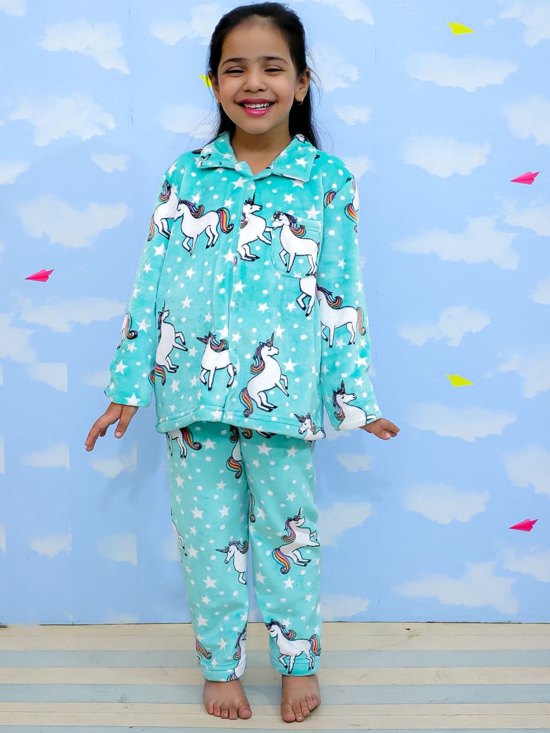 

The Mom Store Girls Pure Cotton Printed Night suit, Blue