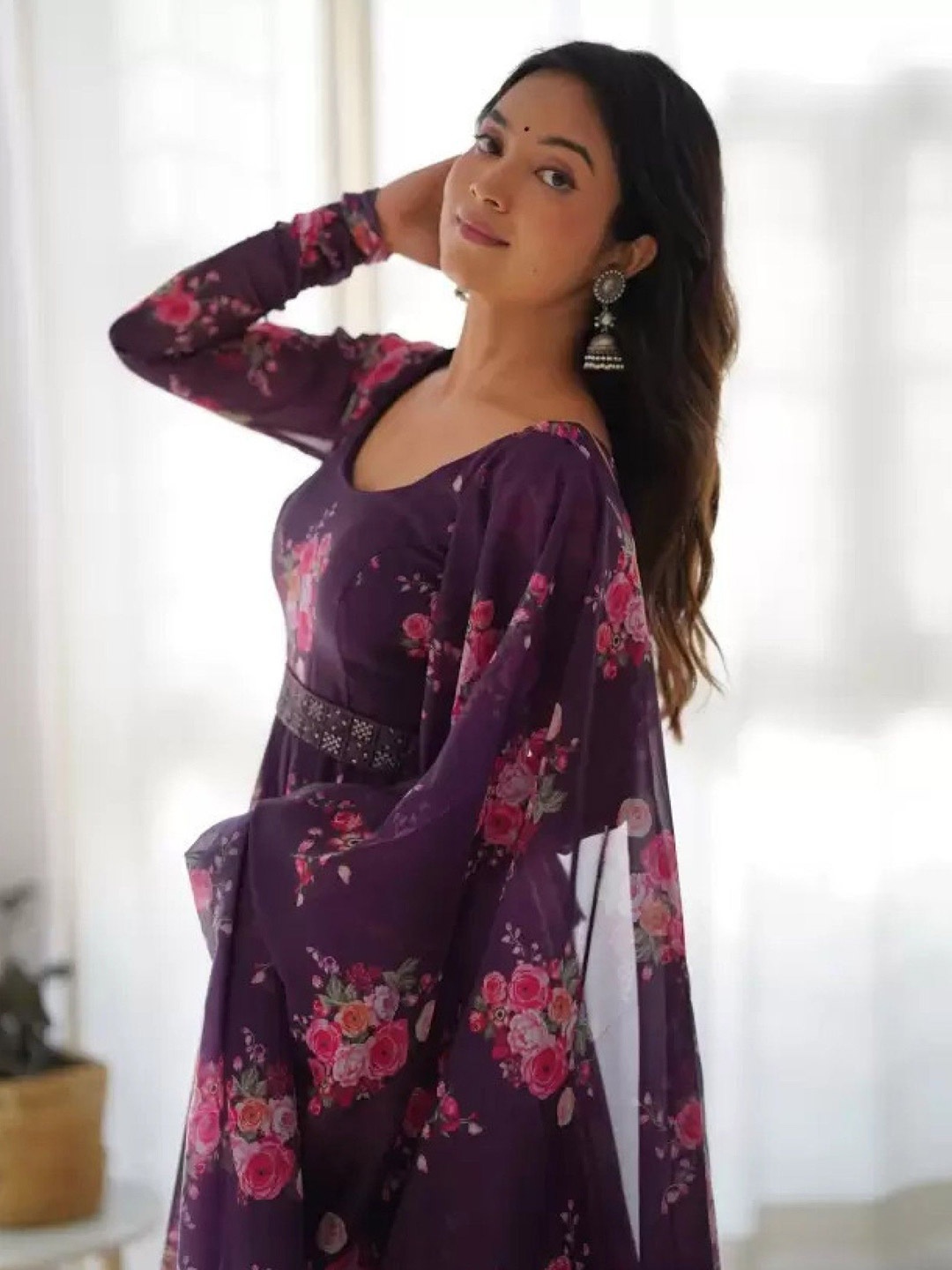 

Femvy Women Floral Printed Fit & Flare Maxi Dress, Purple