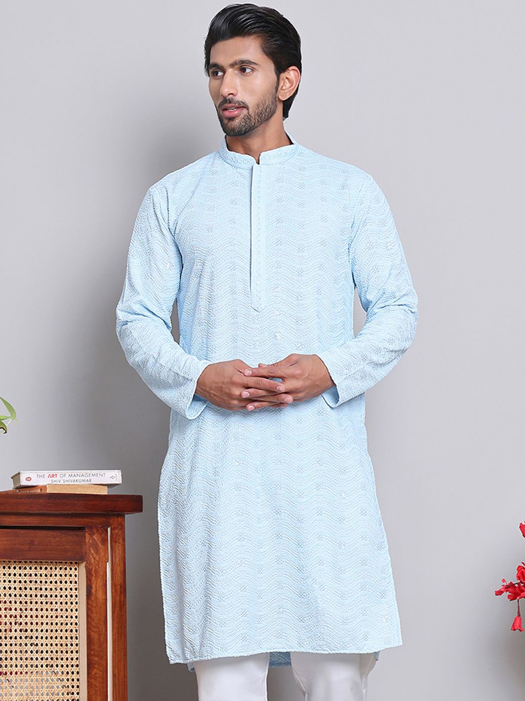 

Jompers Mandarin Collar Leheriya Embroidered Sequinned Straight Kurta, Turquoise blue