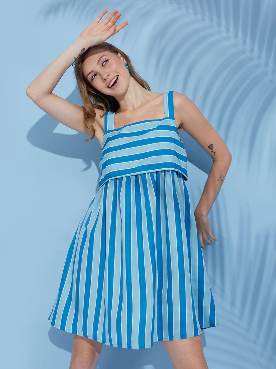 

HERE&NOW Women Striped Fit & Flare Above Knee Dress, Blue