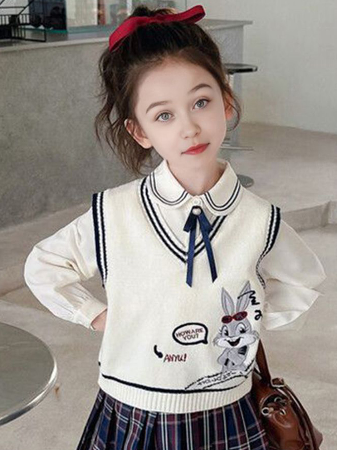 

INCLUD Girls Embroidered Sweater Vest, Beige