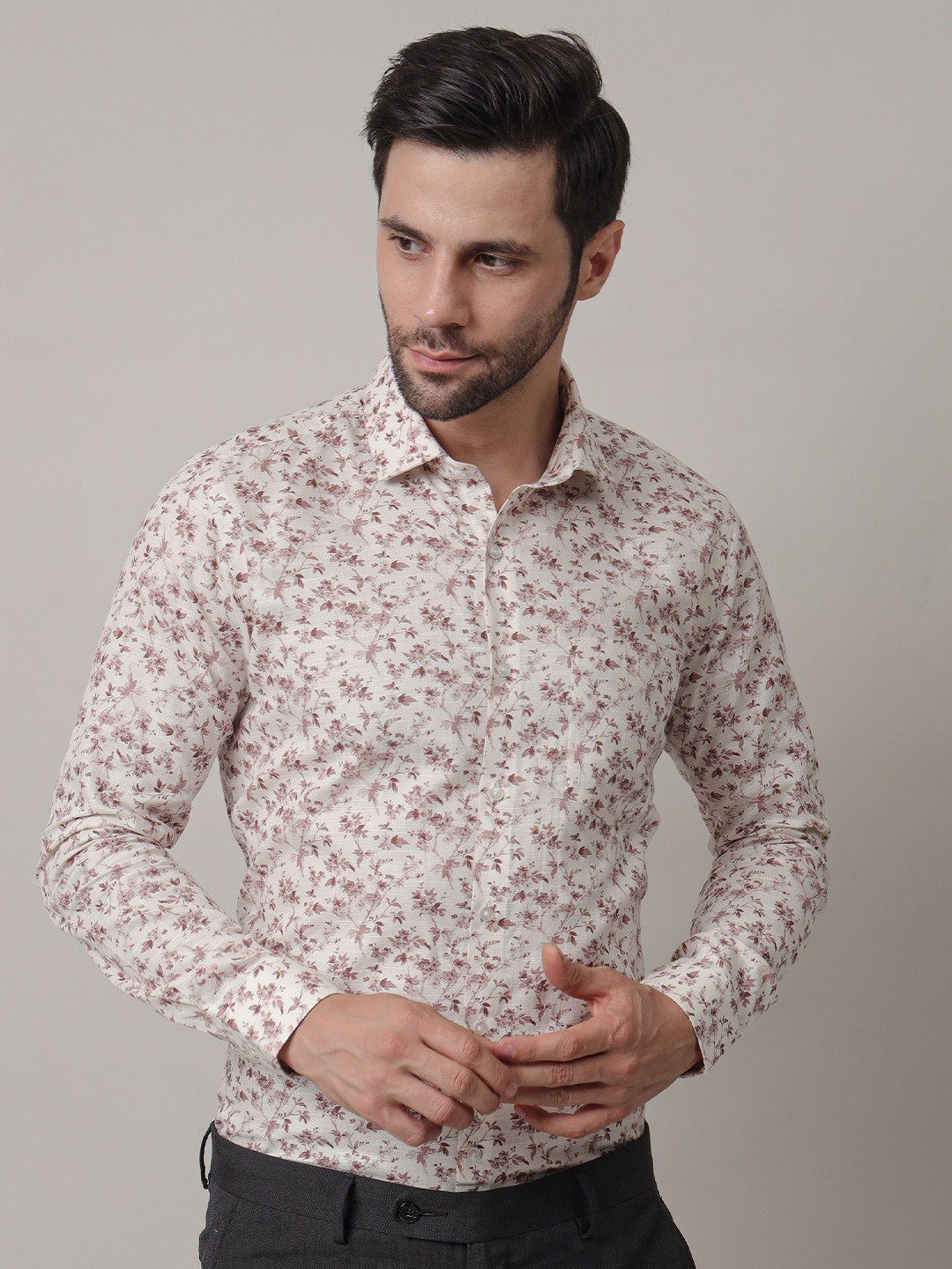 

John Philips Men India Slim Fit Spread Collar Floral Printed Cotton Formal Shirt, Off white