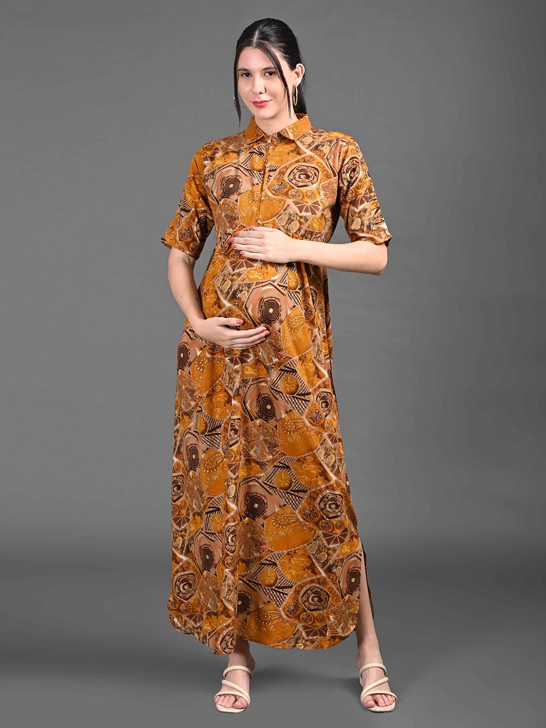 

GOLDSTROMS Women Printed Maternity Long Gown, Mustard