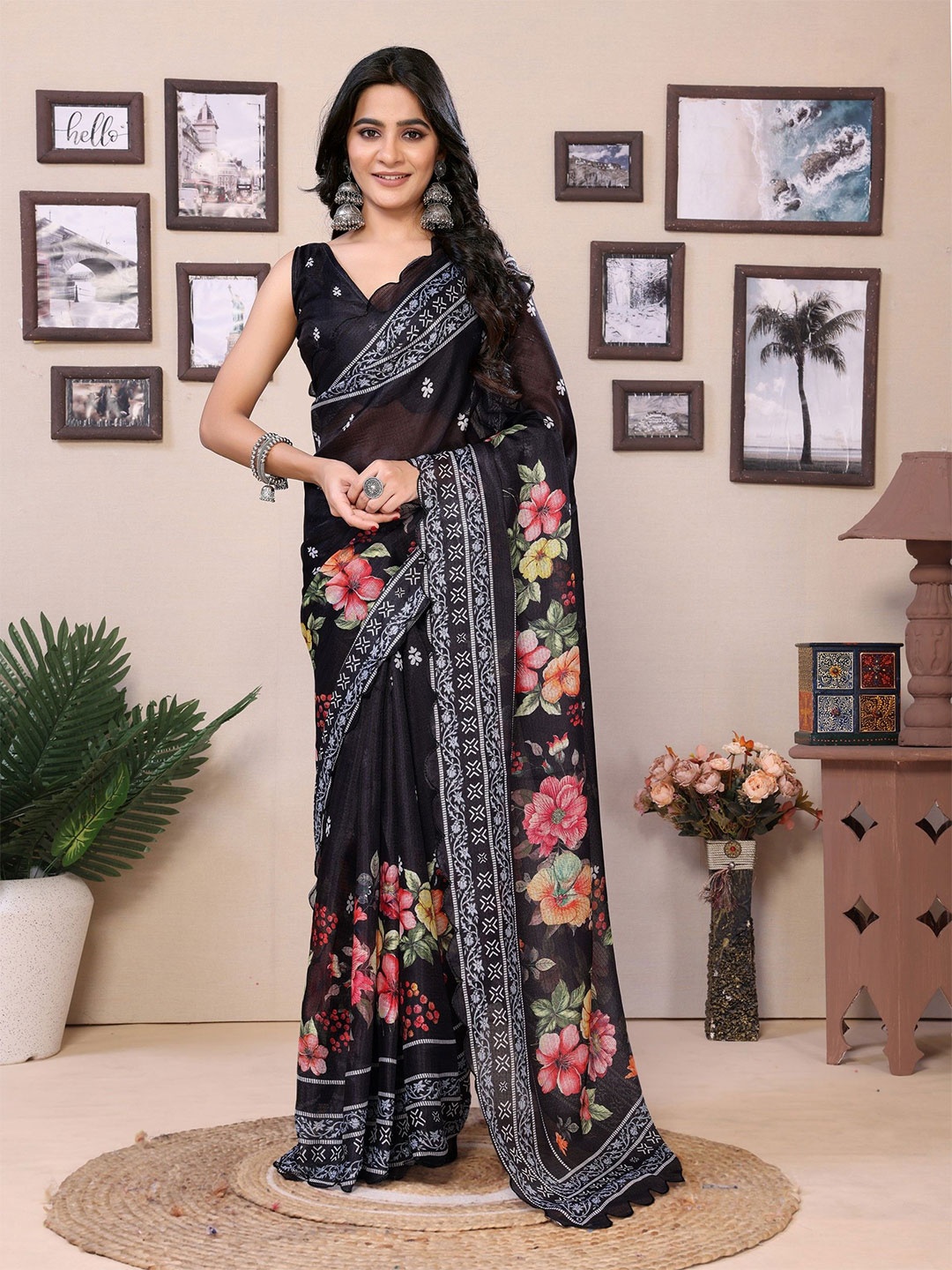 

LeeliPeeri Designer Floral Printed Cut Work Ready To Wear Saree, Black