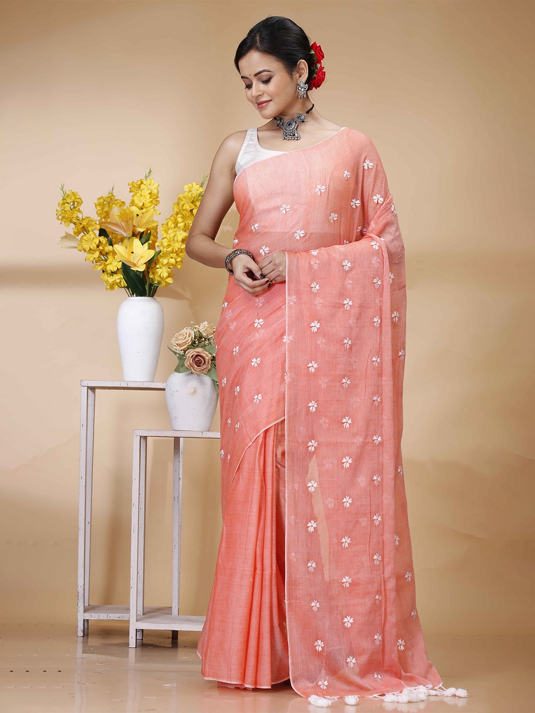 

Ruuprekha Floral Pure Cotton Fusion Khadi Saree, Pink