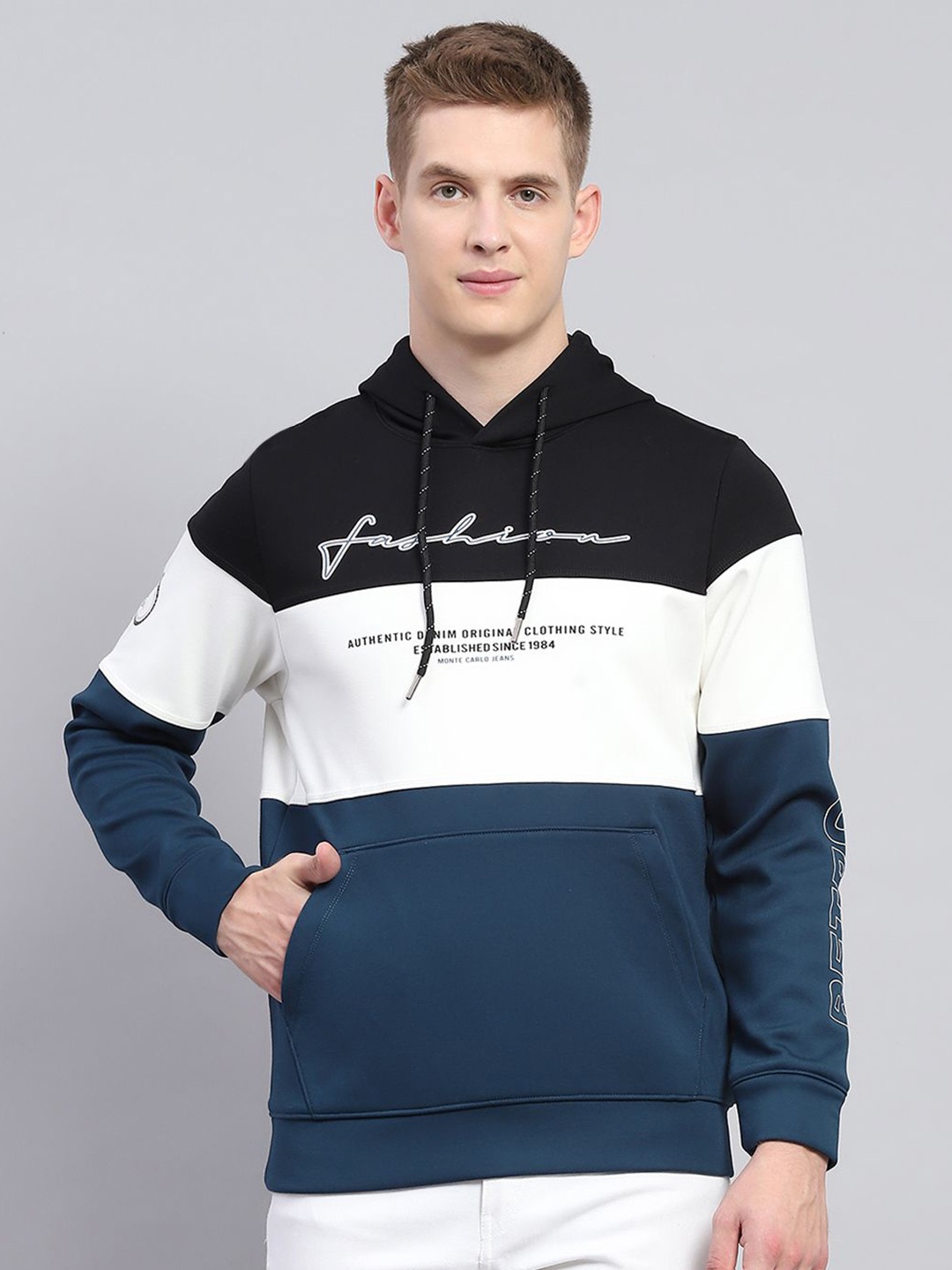 

Monte Carlo Men Typography Printed Colourblocked Hooded Sweatshirt, Black