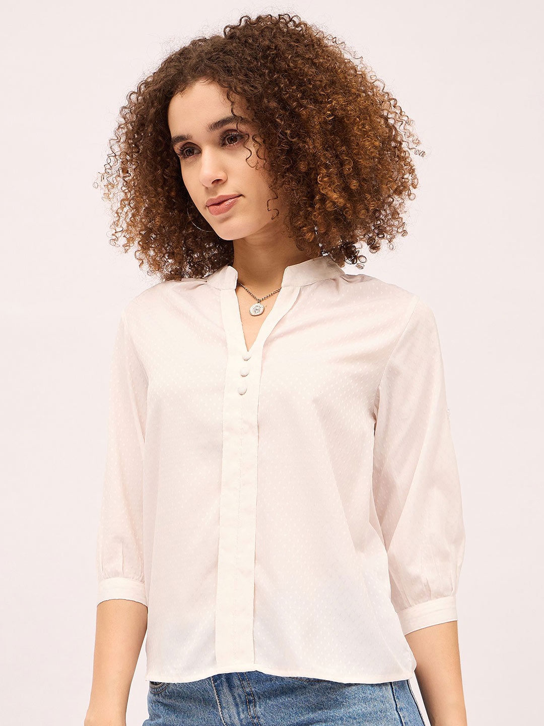 

Mayra Mandarin Collar Regular Cuffed Sleeved Top, Pink