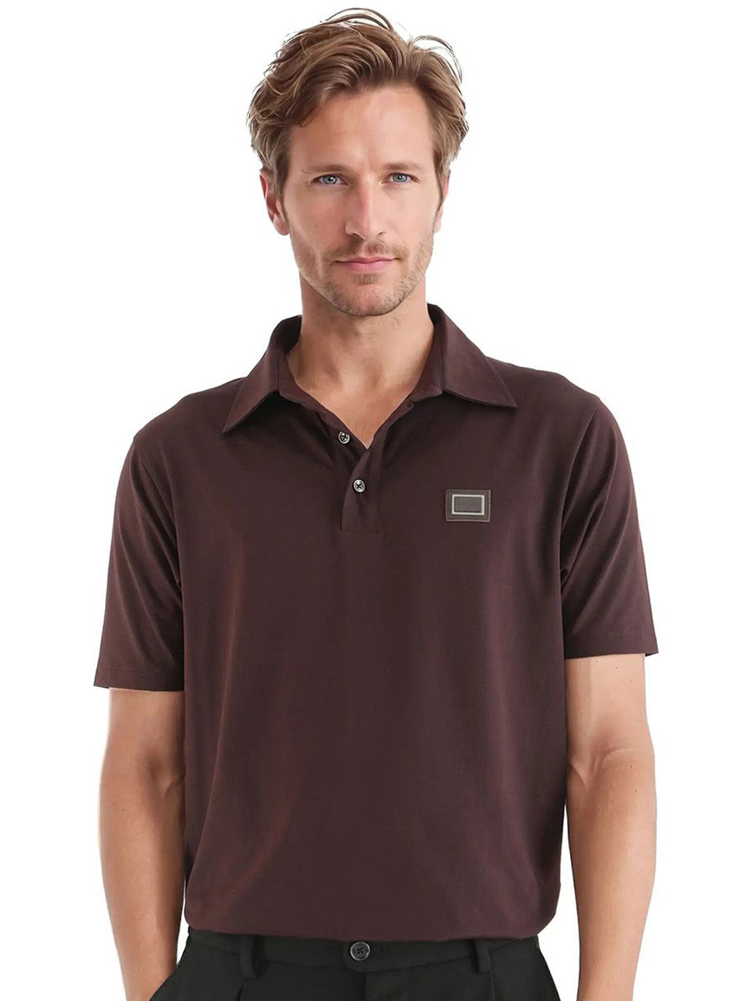 

RARE RABBIT Men Solid Polo Collar Cotton T-shirt, Brown