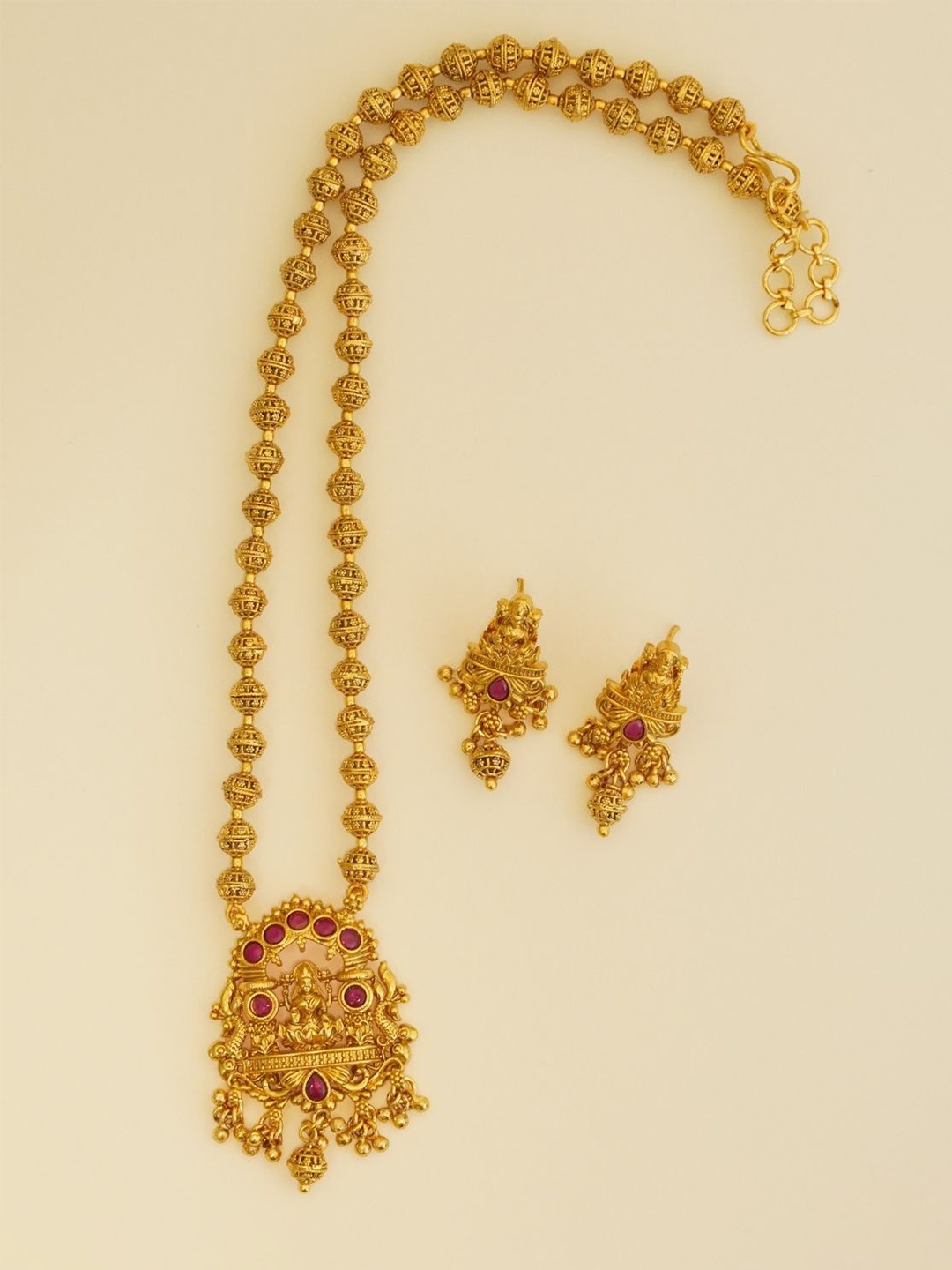 

inc63-for elites Gold-Plated Ruby-Studded & Beaded Laxmi Jewellery Set