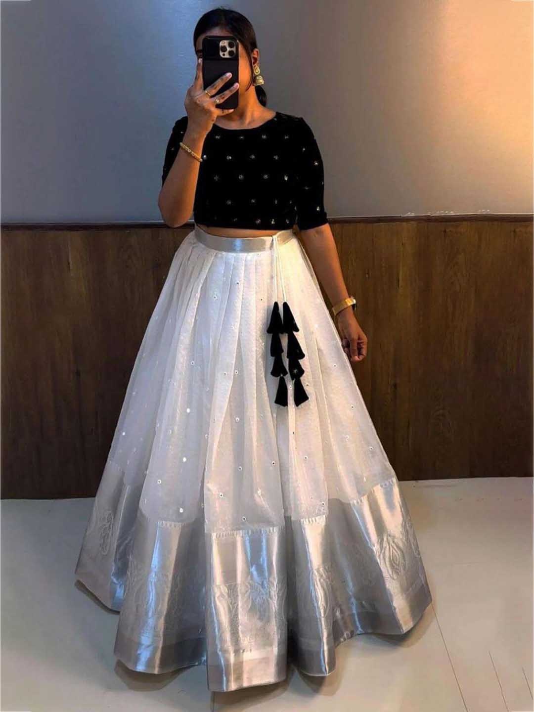 

Rujave Embroidered Sequinned Organza Ready to Wear Lehenga & Velvet Blouse, White