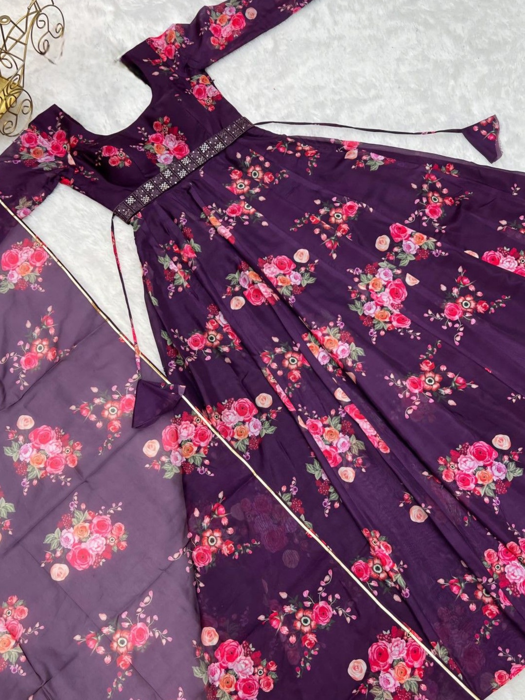 

Raiyani Enterprise Cotton Floral Print Crepe Fit & Flare Maxi Dress Comes with a belt, Purple