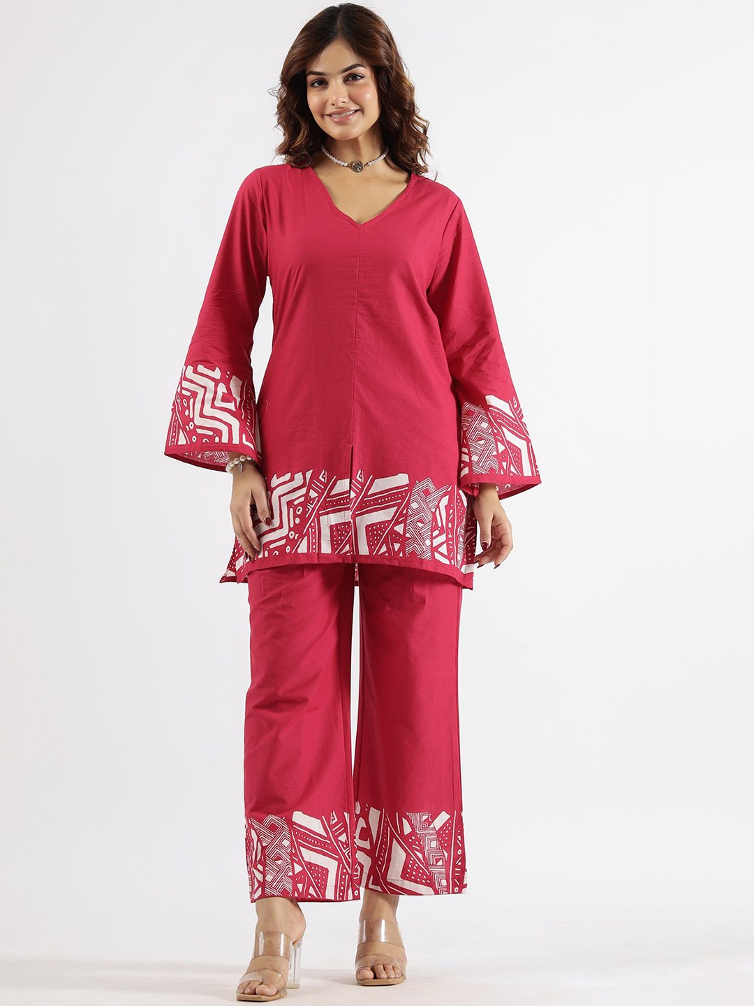 

FLAVIA CREATION Printed V-Neck Long Sleeves Pure Cotton Top With Trouser, Pink