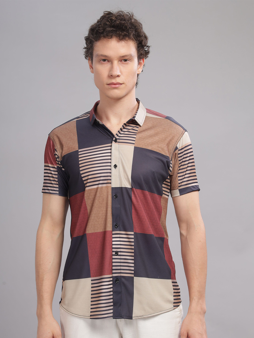 

STI Men Spread Collar Colourblocked Slim Fit Casual Shirt, Brown