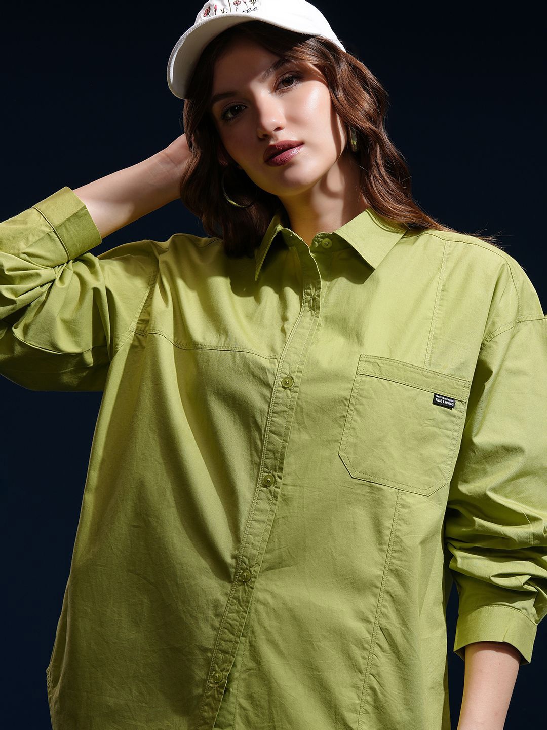 

CHIC BY TOKYO TALKIES Women Spread Collar Solid Cotton Oversized Casual Shirt, Green