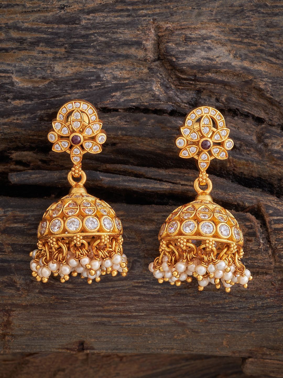 

Kushal's Fashion Jewellery 92.5 Pure Silver Gold-Plated Zircon Studded Dome Shaped Jhumkas