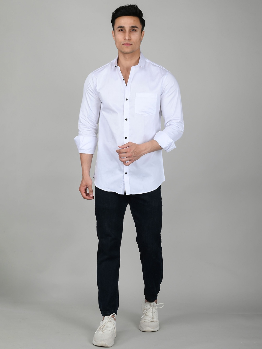 

Tanip Men Spread Collar Solid Cotton Casual Shirt, White