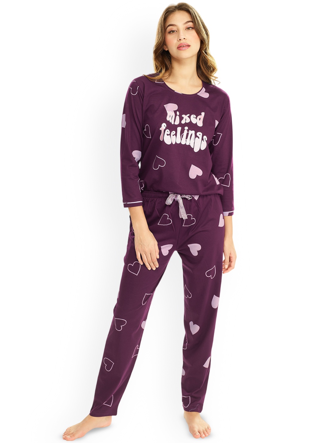 

Lotik Women Printed Round Neck Night suit, Purple