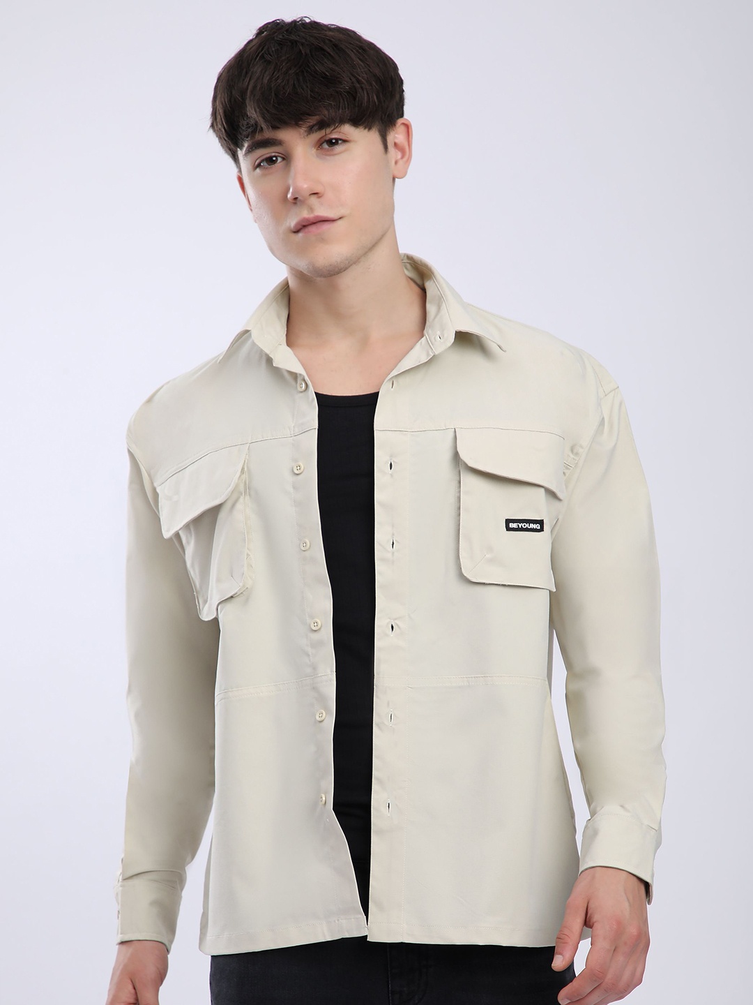 

Beyoung Men Spread Collar Solid Cotton Relaxed Fit Casual Shirt, Cream