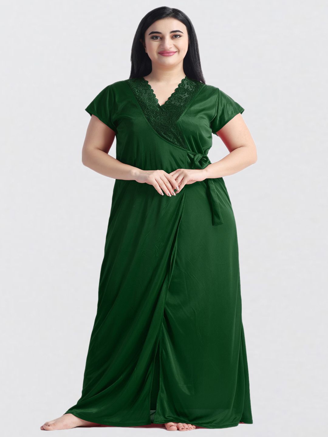

NIGHT KEYS Women Set Of 6 Piece Soild Satin Maxi Nightdress, Green