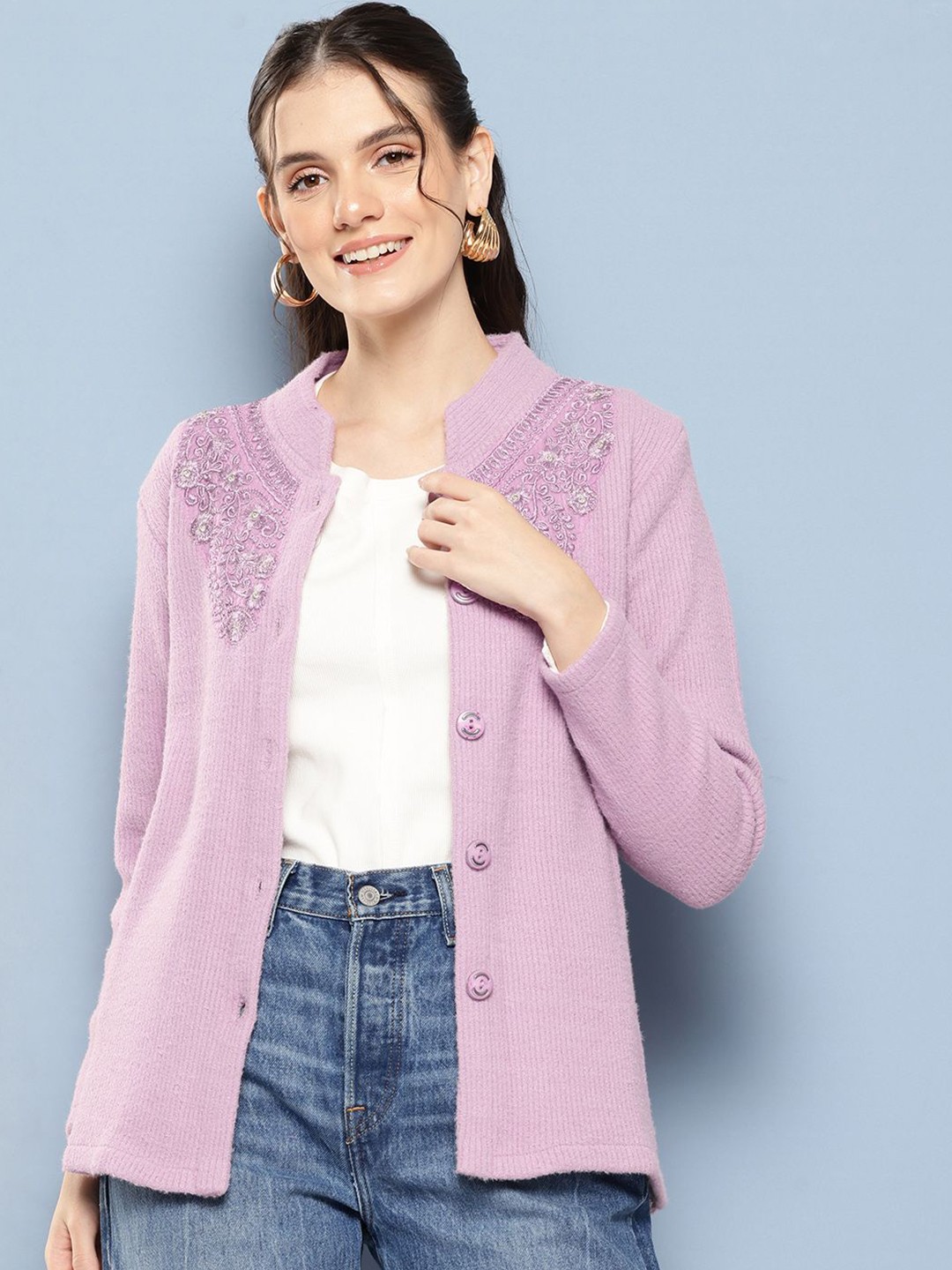 

BAESD Women Floral Embroidered Woollen Cardigan, Purple
