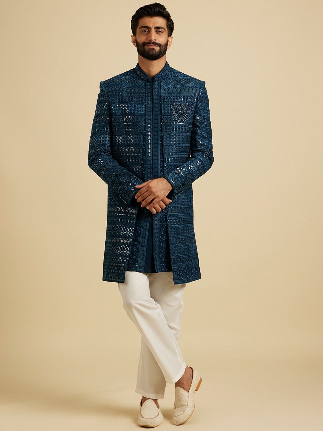 

Manyavar Men Embroidered Sequin Work Mandarin Collar Sherwani Set, Blue
