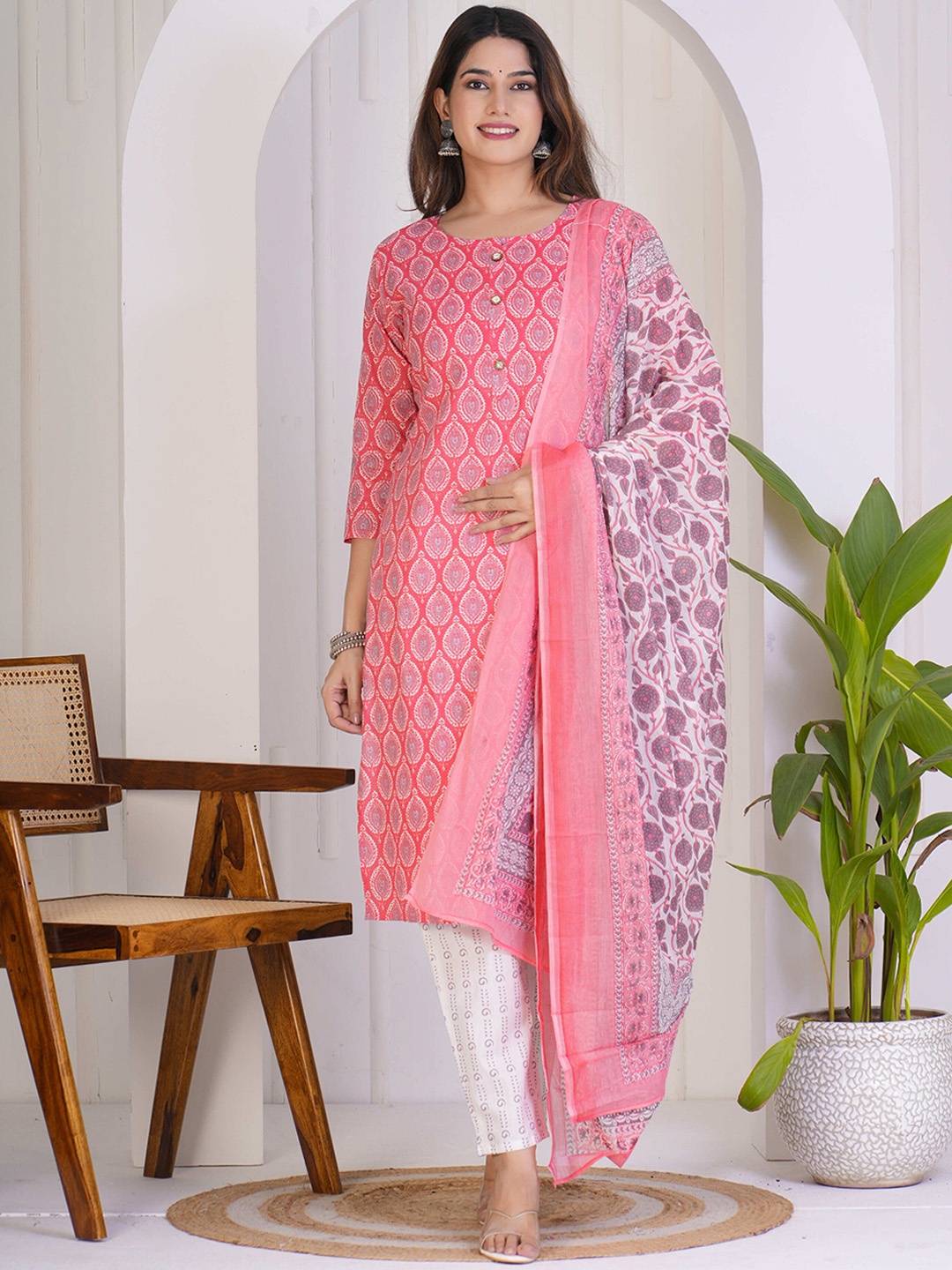 

KALINI Floral Printed Round Neck Straight Kurta With Trousers & Dupatta, Pink