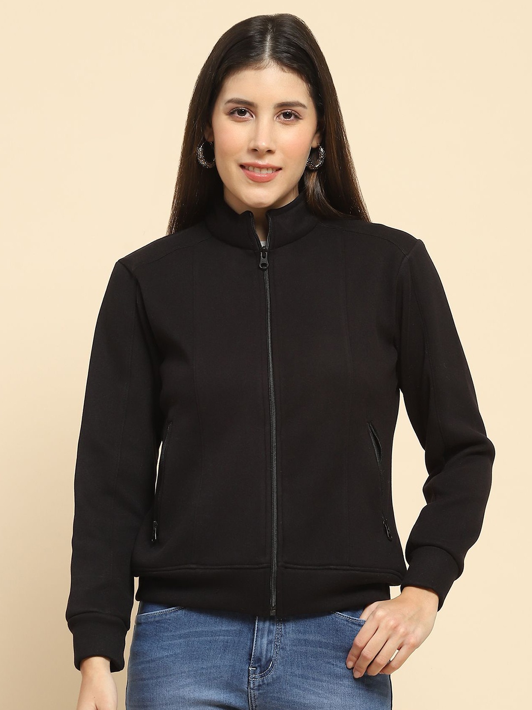 

Global Republic Women Mock Collar Front-Open Sweatshirt, Black